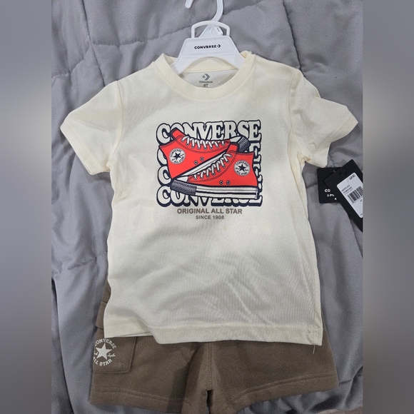 Converse Kids Cream Tee with Red Sneaker Design - Picture 1 of 3